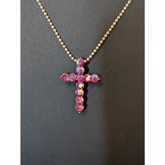 Pink AB Aurora Borealis Crystal Cross Necklace W/ Beaded Silver Tone Chain - Picture 3 of 7
